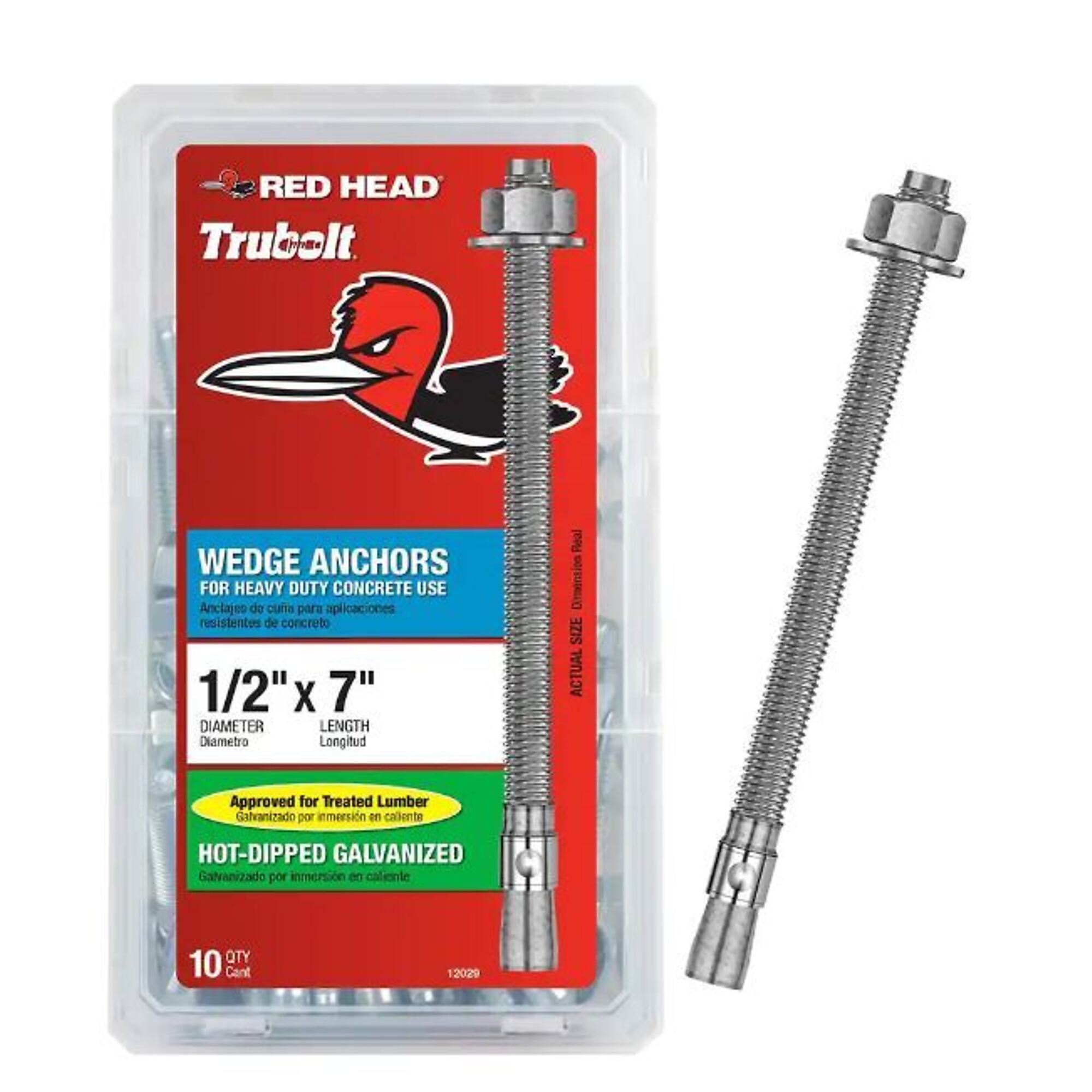 Red Head HDG Wedge Anchors - 1/2in. x 7in., Steel, Zinc-Plated, 10 Pcs, Model# 12029